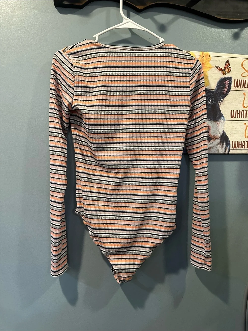 wild fable Striped Pink, Cream, Black & Gray Ribbed Long-Sleeve Bodysuit
